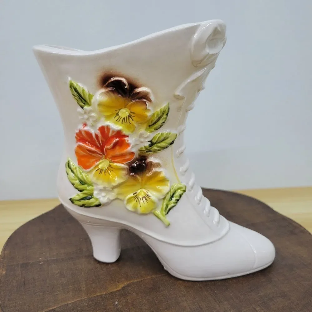 Vintage 1960's Napco Ivory Boot Vase Victorian Style Yellow & Orange Floral Vase